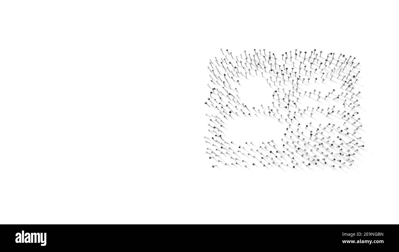 3d rendering of nails in shape of inverted symbol of address card with person and lines with shadows isolated on white background Stock Photo