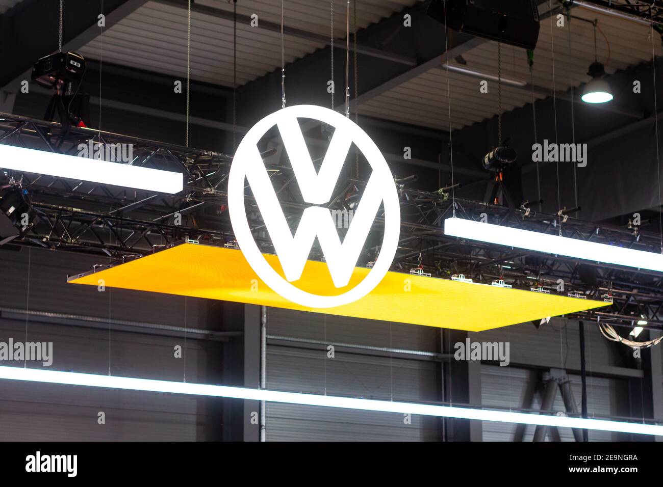 VW volkswagen logo on the car show, Prague, Czechia, February 2020. Stock Photo