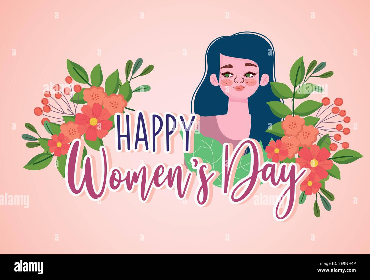 Womens Day lettering beauty girl with flowers card vector illustration ...