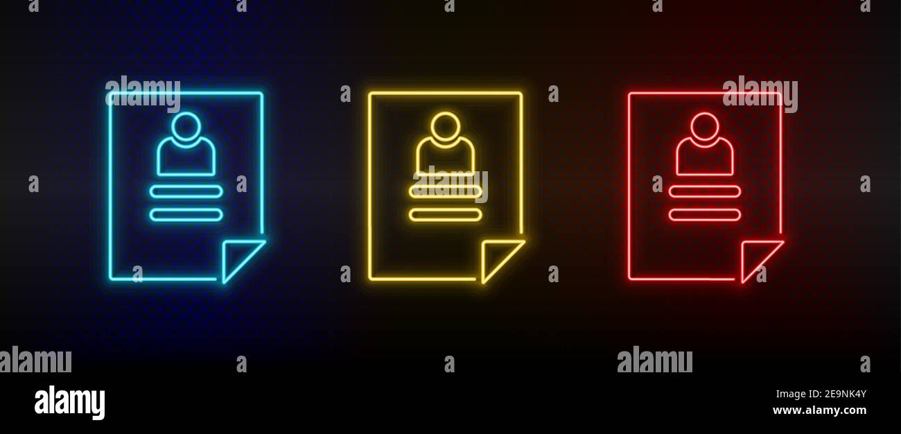 Neon icon set curriculum. Set of red, blue, yellow neon vector icon Stock Vector