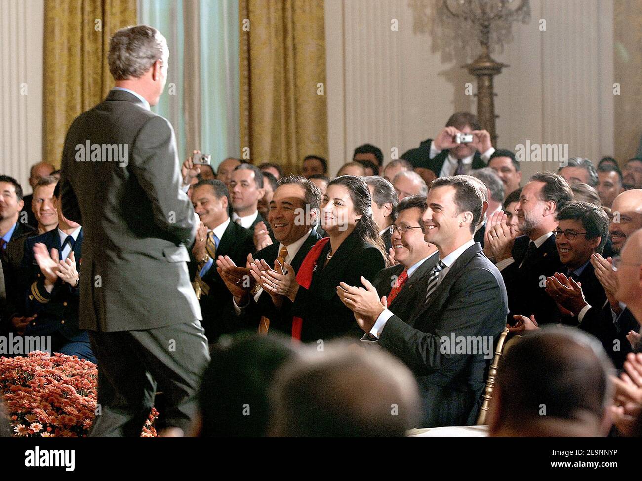 Crown Prince Felipe of Spain , Attorney General Alberto Gonzales(L) and President George W. Bush(R) attend a White House ceremony celebrating the Hispanic Heritage Month. in the East Room, Washington DC, USA, on October 06, 2006. Photo by Olivier Douliery/ABACAPRESS.COM Stock Photo
