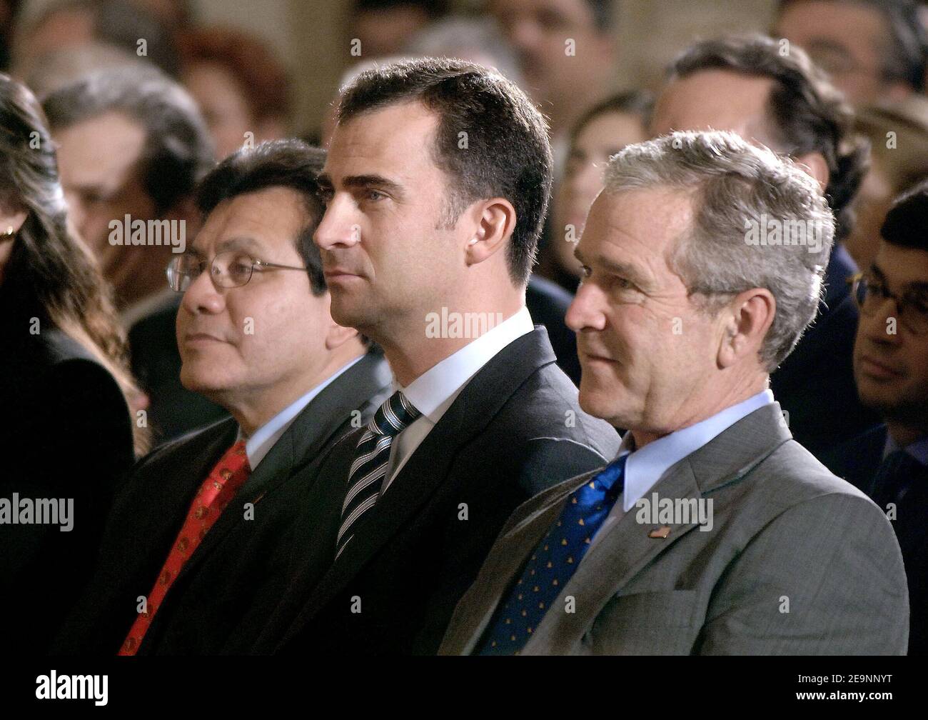Crown Prince Felipe of Spain , Attorney General Alberto Gonzales(L) and President George W. Bush(R) attend a White House ceremony celebrating the Hispanic Heritage Month. in the East Room, Washington DC, USA, on October 06, 2006. Photo by Olivier Douliery/ABACAPRESS.COM Stock Photo