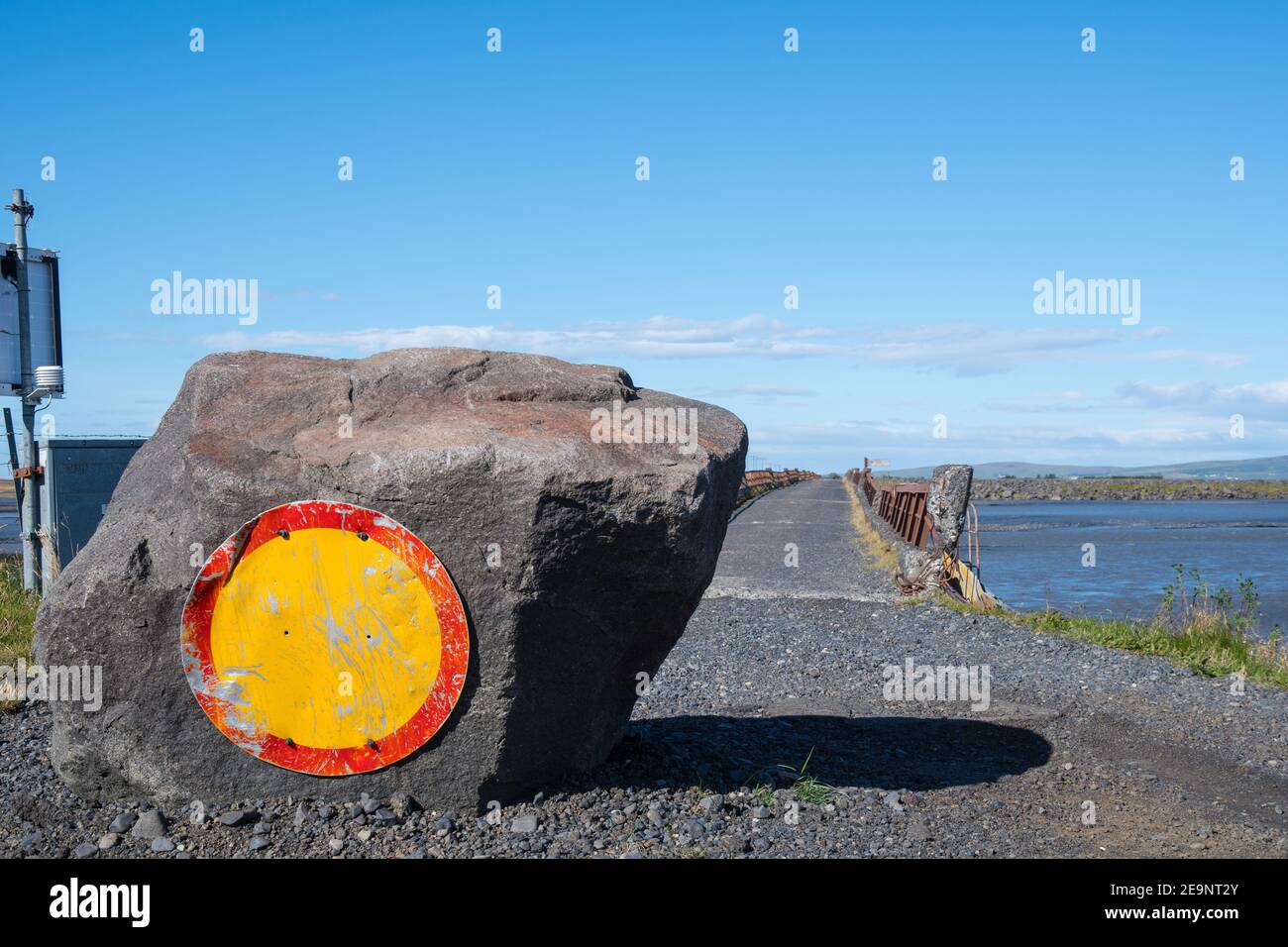 road closure marking at the old bridge across river Markarfljot in the