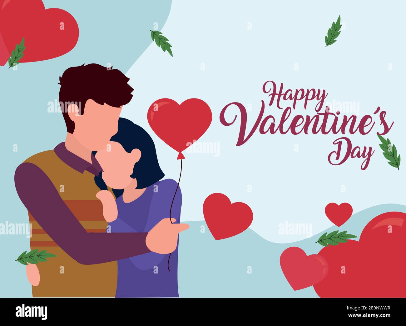 Happy valentines day couple with hearts and leaves of love passion and ...