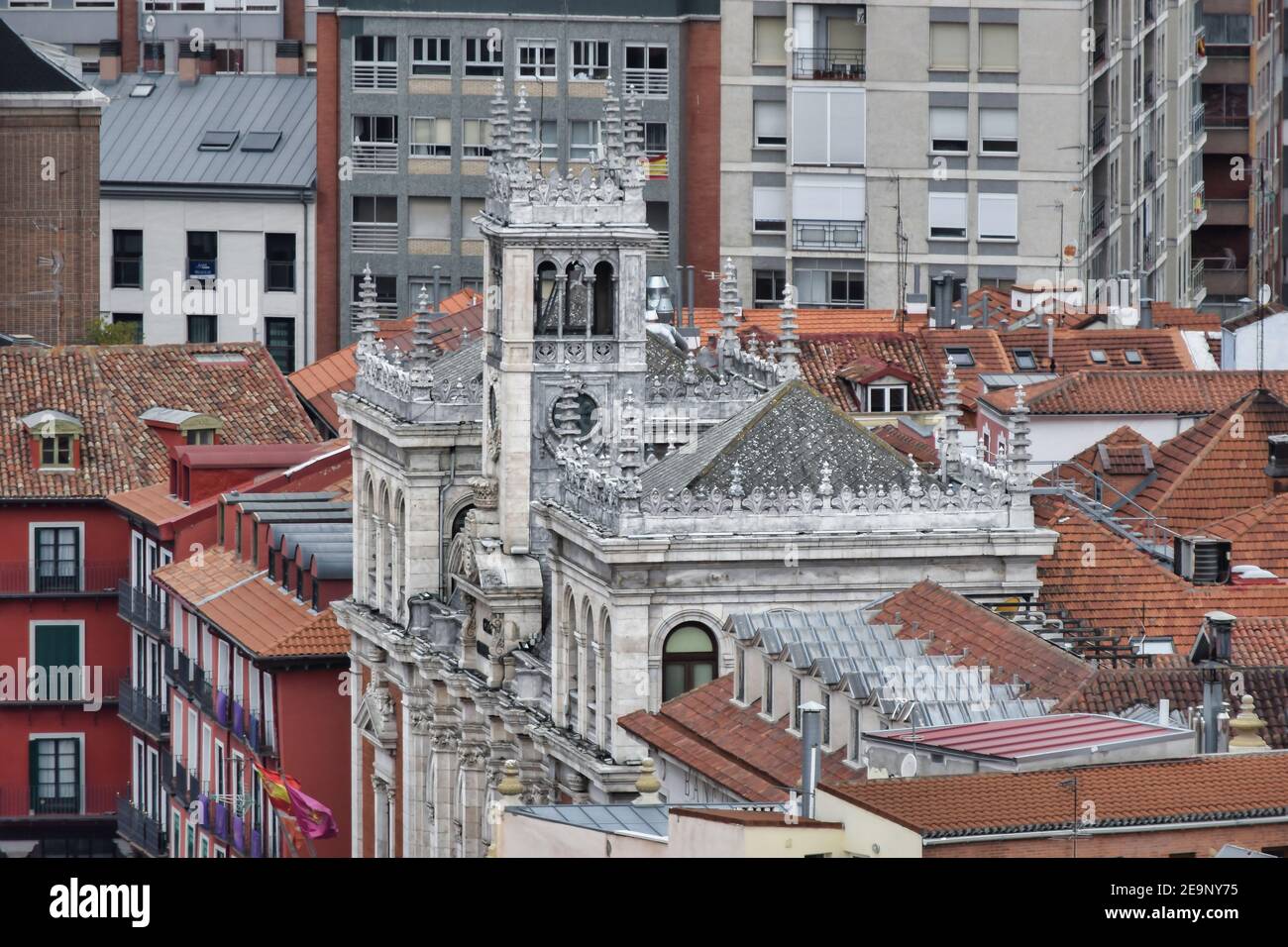 High angle shot of the city of Valladolid with its clock tower, Spain