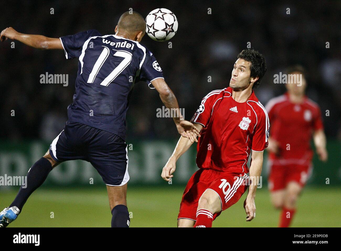 Bordeaux' Wendel heads the ball behind Liverpool's Luis Garcia during the UEFA Champions League, Group C, Girondins de Bordeaux vs Liverpool FC at the Stade Chaban-Delmas in Bordeaux, France on October 18, 2006. Liverpool won 1-0. Photo by Christian Liewig/ABACAPRESS.COM Stock Photo