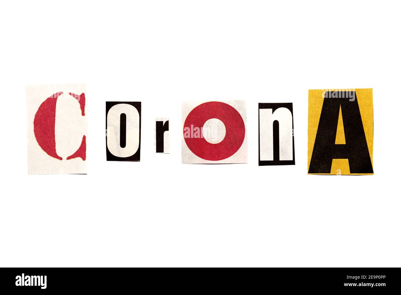 Newspaper letters spelling out Corona on a white background Stock Photo