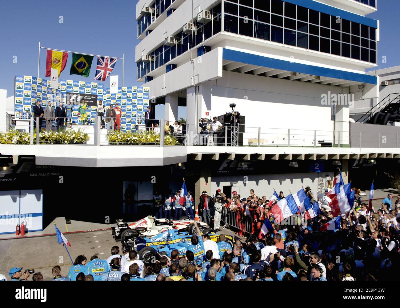 Spain's Formula One world champion Fernando Alonso celebrates his victory in the world championship, Fernando Alonso finishes second, Brasilian Felipe Massa first and Great britain's Jenson Button third, in Interlagos near Sao Paulo Brazil on October 22, 2006. Photo by Christophe Guibbaud/Cameleon/ABACAPRESS.COM Stock Photo