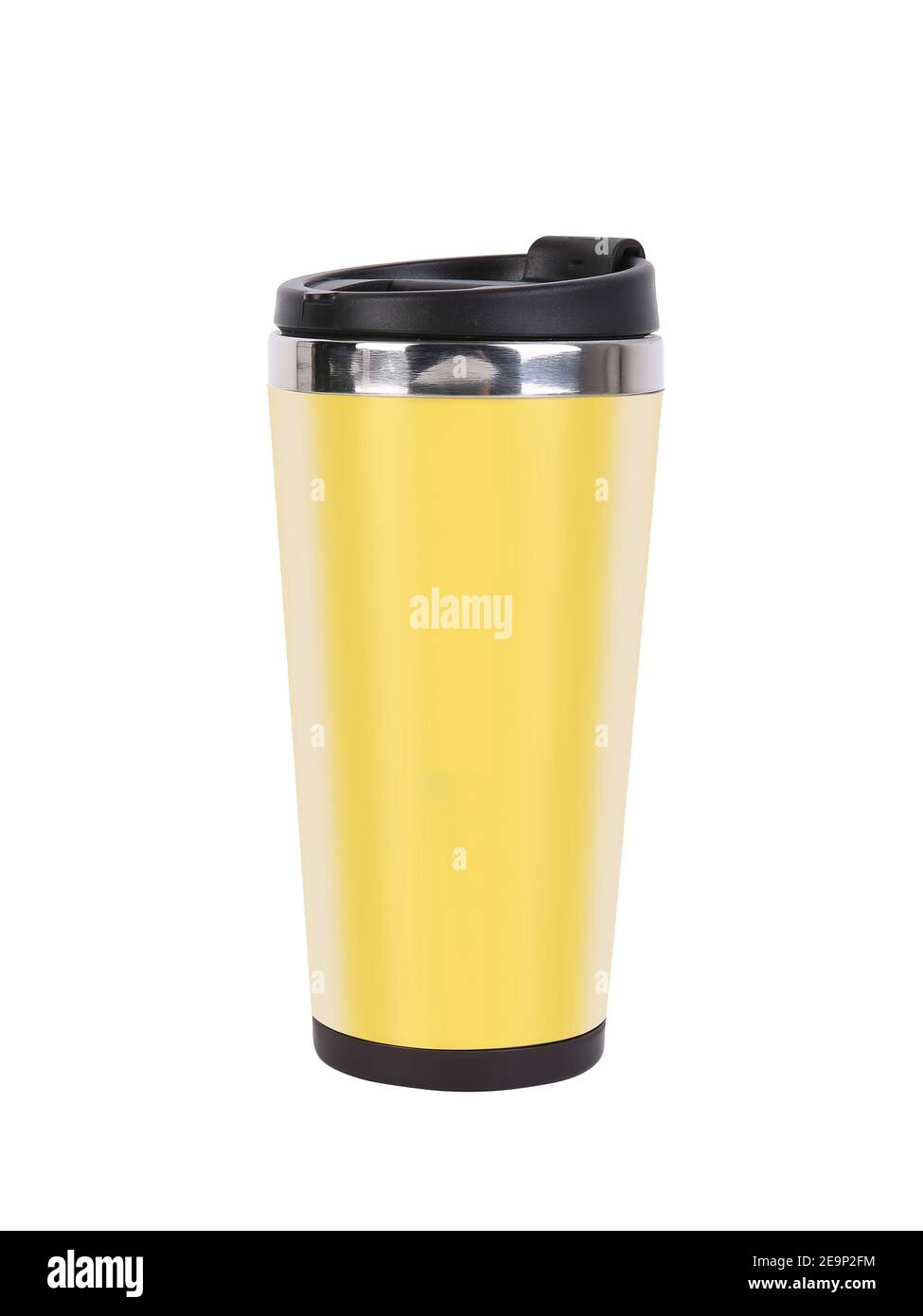 To go smoothie cup. Yellow color reusable mug and tumbler made of plastic and metal. Traveler tumbler. Stock Photo
