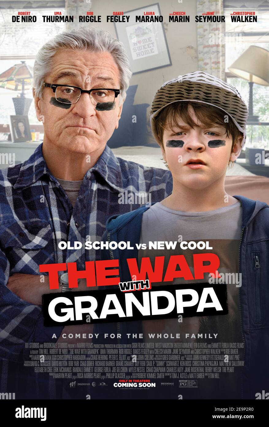 War with Grandpa (2020) directed by Tim Hill and starring Robert De Niro, Uma Thurman and Rob Riggle. Upset that he has to share the room he loves with his grandfather, Peter decides to declare war in an attempt to get it back. Stock Photo