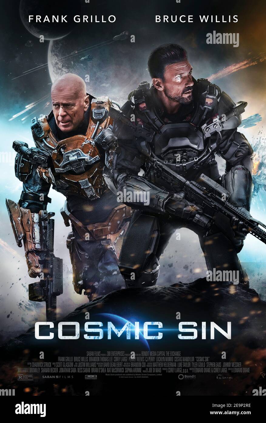 Cosmic Sin (2021) directed by Edward Drake and starring Frank Grillo, Bruce Willis and Brandon Thomas Lee. Seven rogue soldiers launch a preemptive strike against a newly discovered alien civilization in the hopes of ending an interstellar war before it starts. Stock Photo