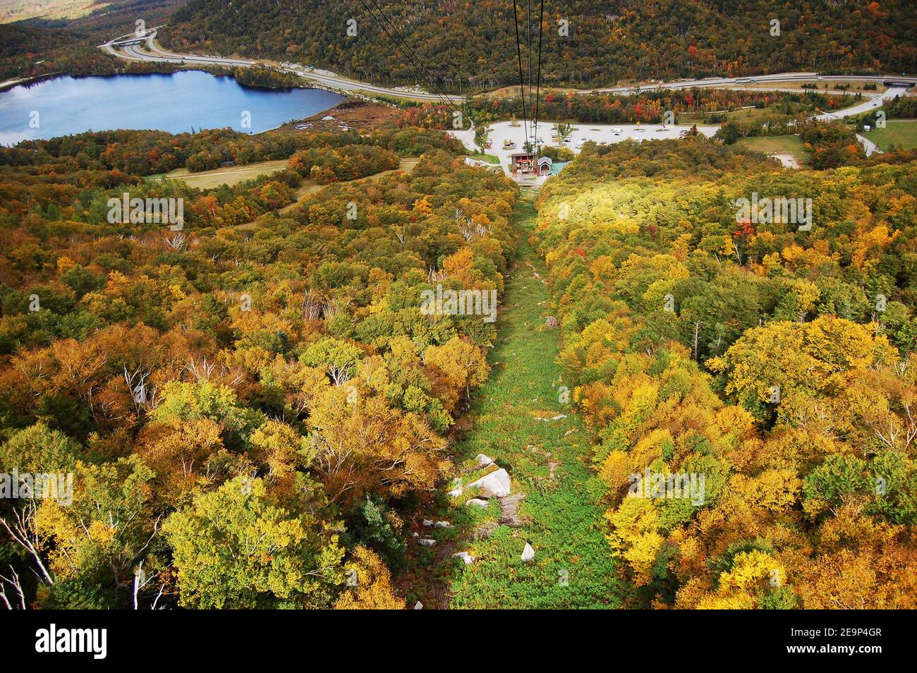 Aerial view of Echo Lake with Fall Foliage in Cannon Mountain