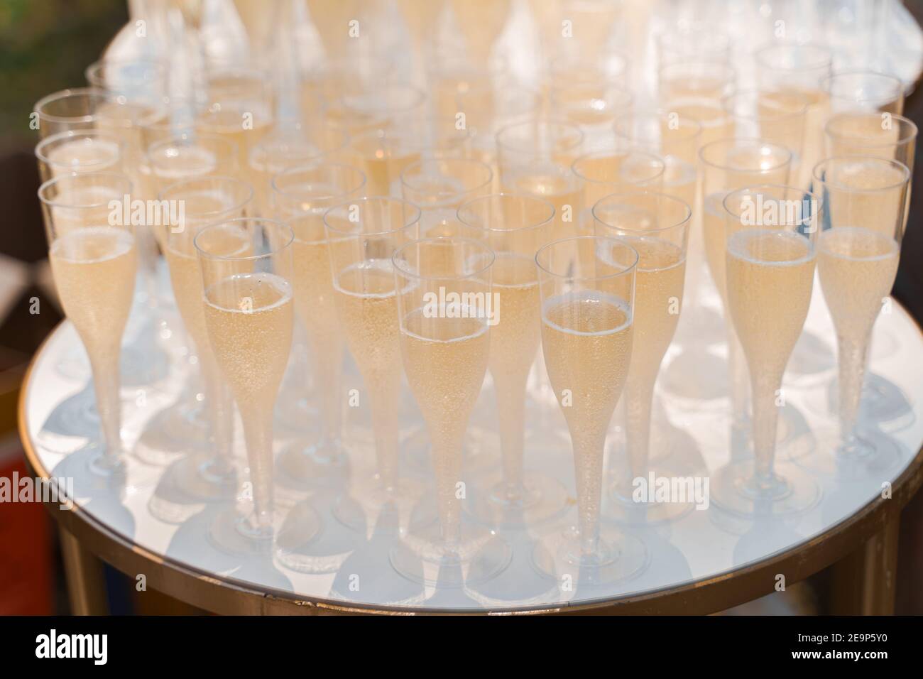 Welcome drink zone with champagne in disposable plastic wine cups. Many  wine glasses on the white table. Catering for business people and wedding  cere Stock Photo - Alamy