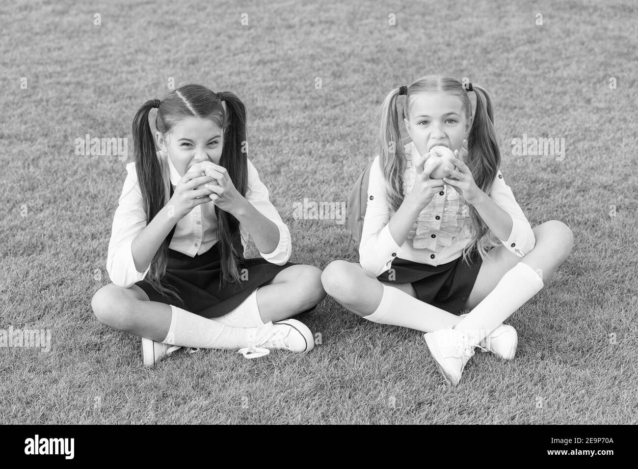 Schoolgirls eating apples relaxing schoolyard, healthy lunch concept. Stock Photo