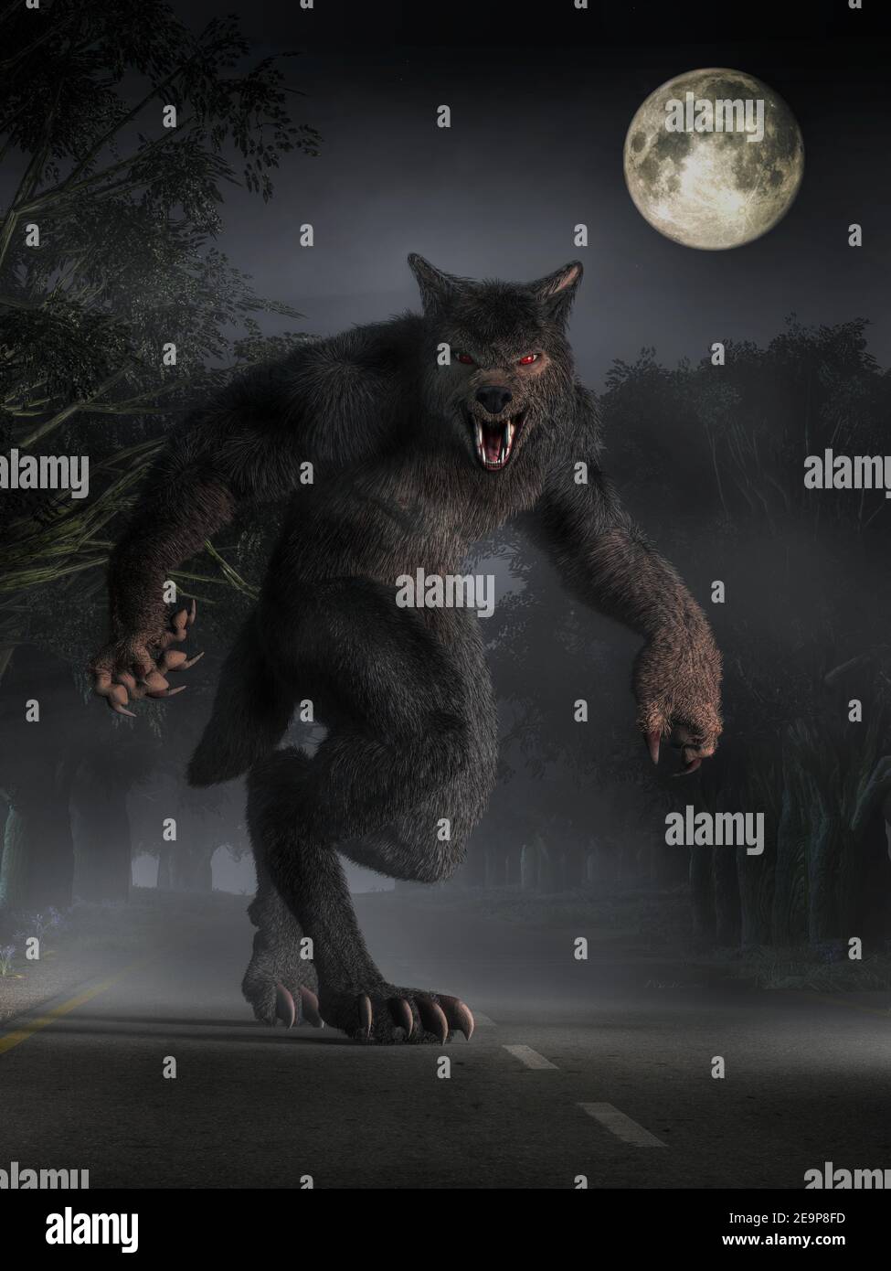 The Beast of Bray Road, a werewolf looking cryptid of Wisconsin folklore, stands in the moonlight on the road before you glaring with a menacing look. Stock Photo