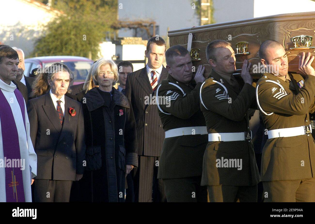 Funerals of Lieutenant Tom Tanswell, of the Royal Artillery, in the small village of Sainte Livrade-sur-lot , south of France on November 14, 2006. Tanswell, 27, was killed last October 27,outside Shaibah Logistics Base near the city of Basra, Iraq, and his death takes the number of British service personnel who have died since the start of hostilities to 120. Tom's parents, Victoria and Brian Tanswell, live in France since 2003 and their son was buried in the family grave located in the local cemetery. The releigious ceremony was conducted by priests Philippe d'Halluin et John Hennessy with F Stock Photo