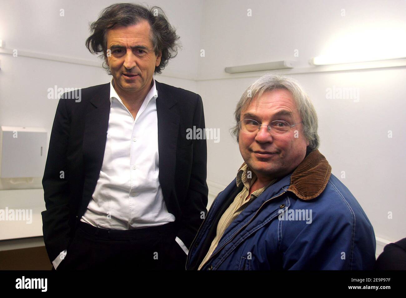 French author Bernard-Henry Levy and Robert Redeker (French Philosophy teacher who has been forced into hiding after making controversial remarks about the Prophet Muhammad and received death threats) pose prior to the Meeting to support Robert Redeker at the Mermoz Hall in Toulouse, France, on november 15, 2006. Photo by Manuel Blondeau/ABACAPRESS.COM Stock Photo