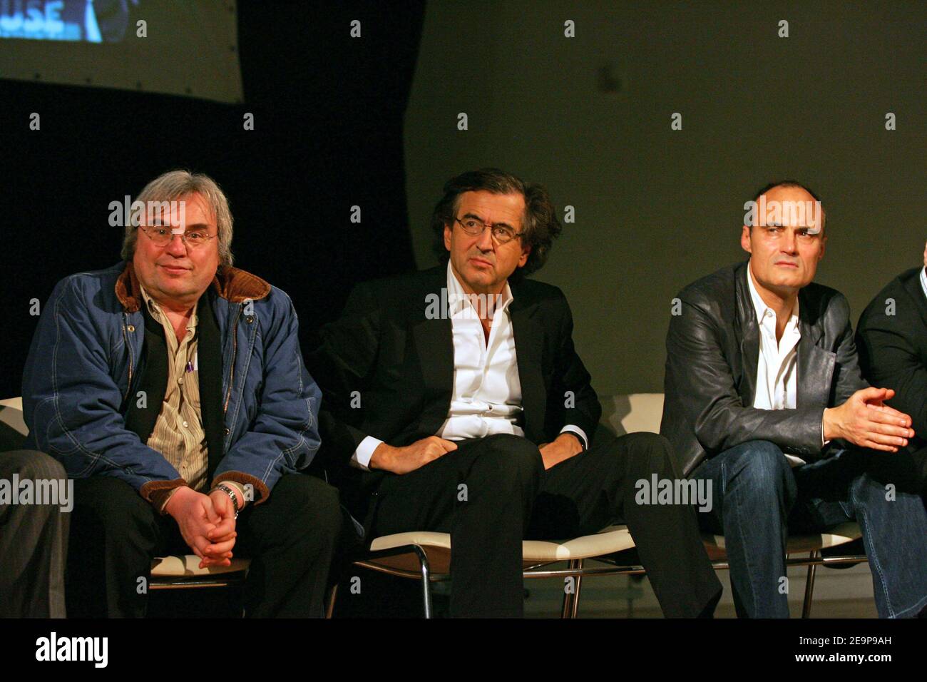 Robert Redeker, Bernard-Henry Levy (French writer) and Philippe Val (Charlie Hebdo's chief editor) during the meeting to support Robert Redeker (French Philosophy teacher who has been forced into hiding after making controversial remarks about the Prophet Muhammad and received death threats) at the Mermoz Hall in Toulouse, France, on november 15, 2006. Photo by Manuel Blondeau/ABACAPRESS.COM Stock Photo