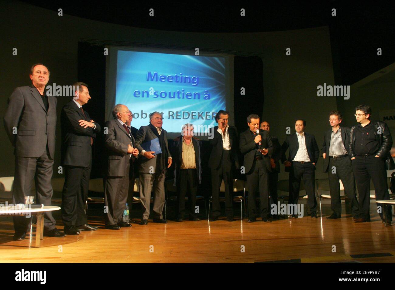 'Jean-Luc Moudenc (Mayor of Toulouse), Roger Cukierman (Crif president), Claude Lanzmann (French Movie director), Robert Redeker , Bernard-Henry Levy (French writer), Philippe Val (Charlie Hebdo's chief editor), Michel Taubmann (''Le Meilleur des mondes'' chief editor), Mohamed Sifaoui (french writer) during the meeting to support Robert Redeker (French Philosophy teacher who has been forced into hiding after making controversial remarks about the Prophet Muhammad and received death threats) at the Mermoz Hall in Toulouse, France, on november 15, 2006. Photo by Manuel Blondeau/ABACAPRESS.COM.' Stock Photo