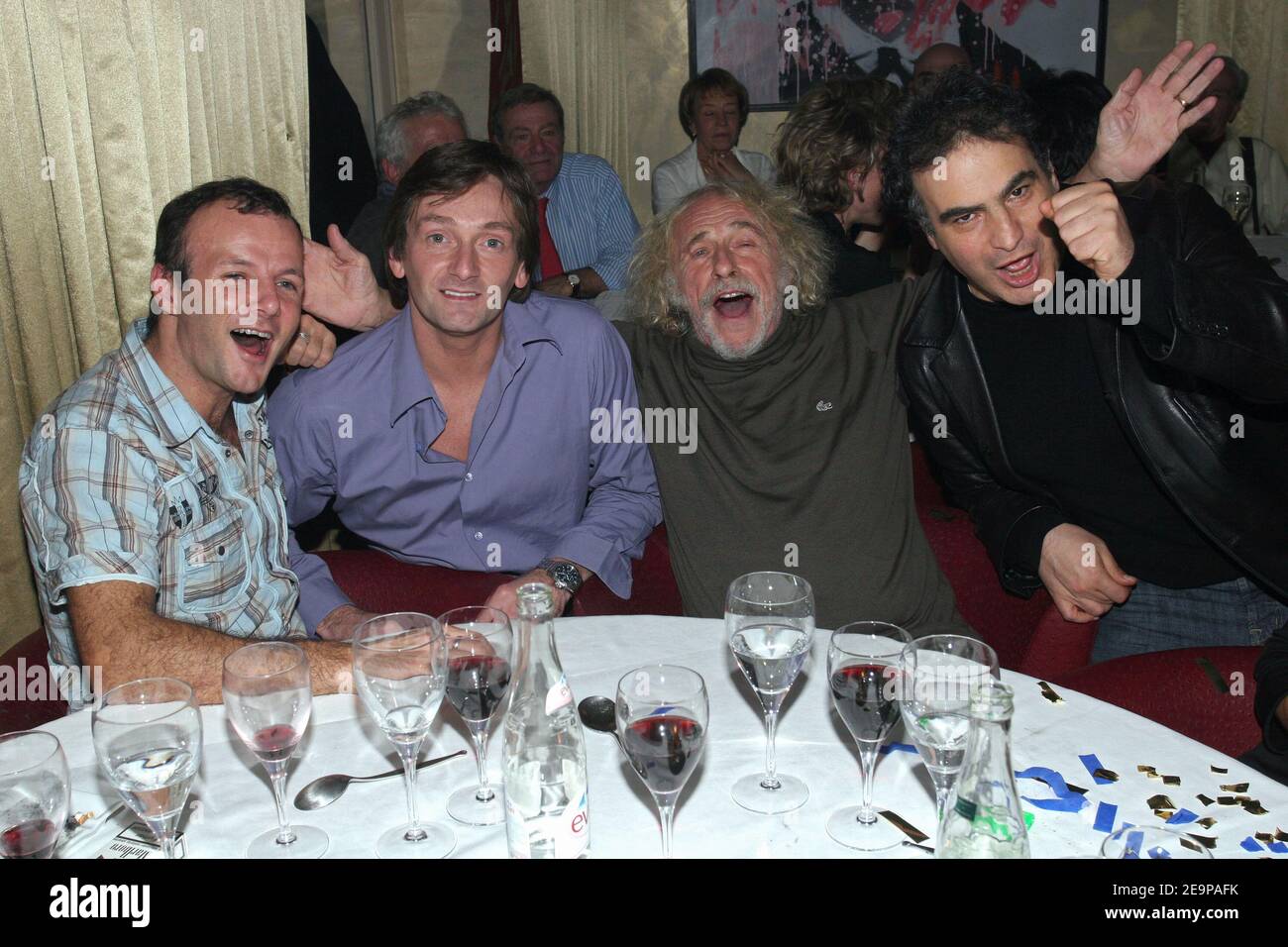 French actors Pierre-Francois Martin-Laval, Pierre Palmade, Pierre Richard and French humorist Raphael Mezrahi celebrate the 50th representation of the play 'Pierre et Fils' at the club 'L'Etoile' in Paris, France, on November 17, 2006. Photo by Benoit Pinguet/ABACAPRESS.COM Stock Photo