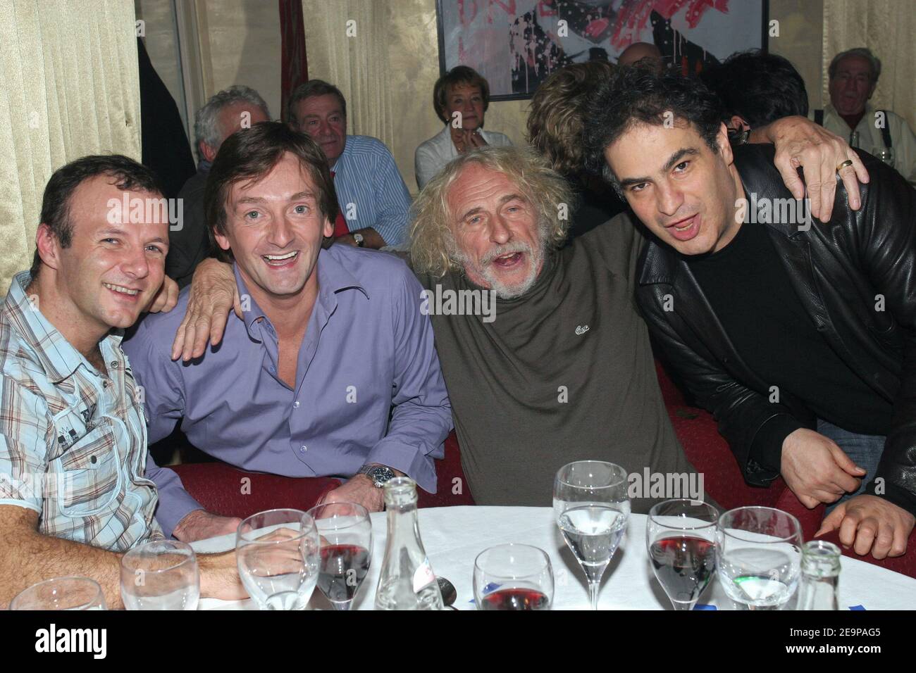 French actors Pierre-Francois Martin-Laval, Pierre Palmade, Pierre Richard and French humorist Raphael Mezrahi celebrate the 50th representation of the play 'Pierre et Fils' at the club 'L'Etoile' in Paris, France, on November 17, 2006. Photo by Benoit Pinguet/ABACAPRESS.COM Stock Photo