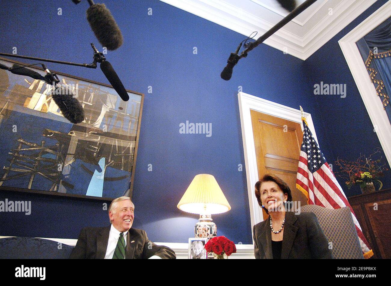 US House Majority Leader-elect Steny Hoyer (D-MD) talks with Speaker of the  House-designate Nancy Pelosi (D-CA) after a meeting in Pelosi's office in  the Capitol November 20, 2006 in Washington, DC. Hoyer