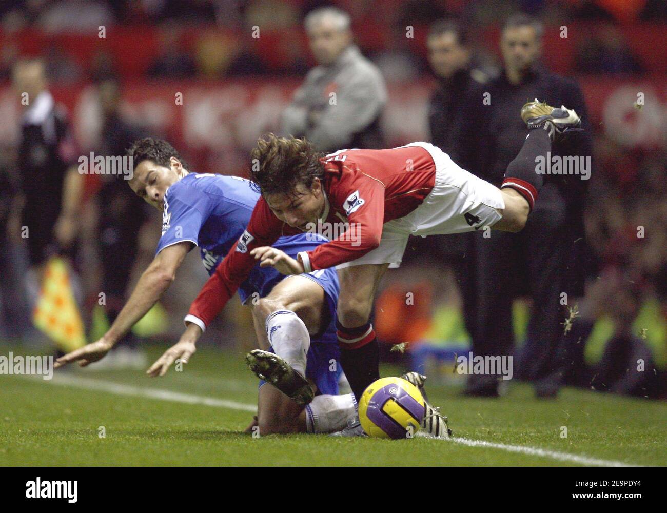 Chelsea's Michael Ballack tackles Manchester United's Gabriel Heinze during the FA Barclays Premiership, Manchester United vs Chelsea at the Old Trafford stadium in Manchester,UK on November 26, 2006. The match ended in a 1-1 draw. Photo by Christian Liewig/ABACAPRESS.COM Stock Photo