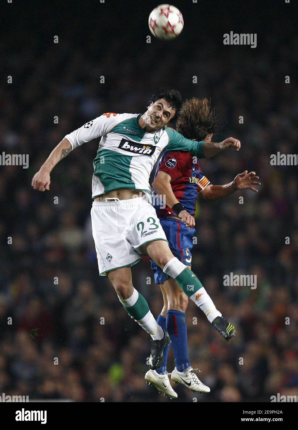 Werder Bremen's Hugo Almeida battle for the ball during the UEFA Champions League, Group A, FC Barcelona vs Werder Bremen at Camp Nou, in Barcelona, Spain, on December 5, 2006. FC Barcelona won 2-0. Photo by Christian Liewig/ABACAPRESS.COM Stock Photo
