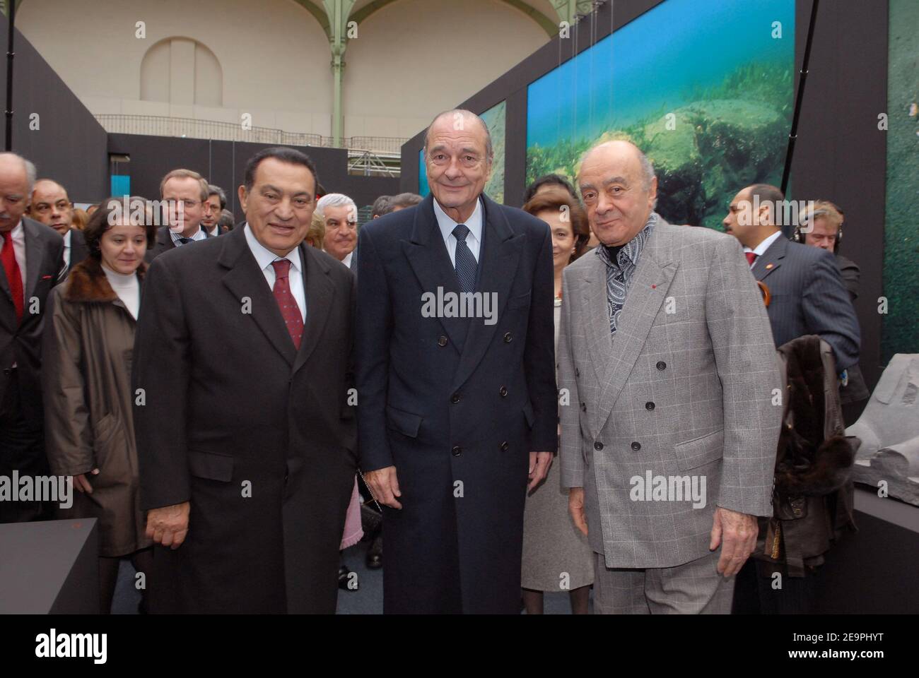 French President Jacques Chirac, Egyptian President Hosni Mubarak, with businessman Mohammed Al Fayed, during the opening of the exhibition 'Sunken Treasures of Egypt', at the Grand Palais in Paris on December 8, 2006. Photo by Ammar Abd Rabbo/ABACAPRESS.COM Stock Photo
