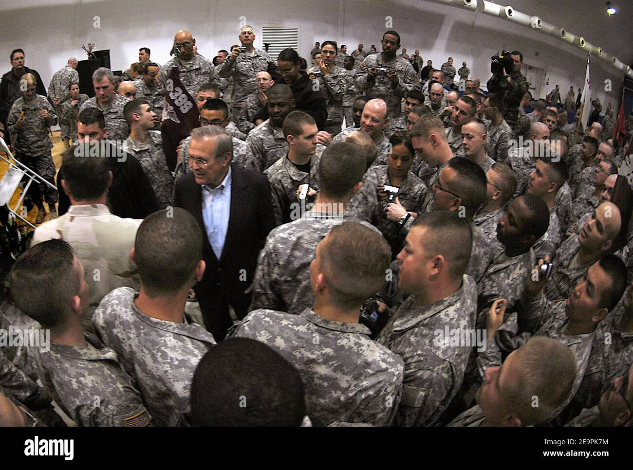 Defense Secretary Donald H. Rumsfeld meets with troops assigned to 4th Brigade of 1st Cavalry Division and 2nd Battalion of 7th Cavalry Regiment, Iraq, during a surprise visit to Iraq, on December 9, 2006. Rumsfeld thanked the troops and their families for their sacrifice and service to the country. Photo by DOD via ABACAPRESS.COM Stock Photo