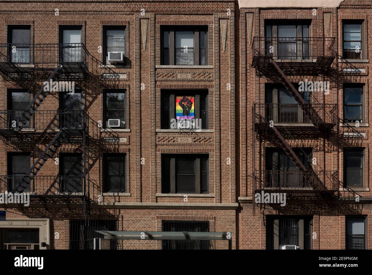 Black lives matter sign in apartment building in Brooklyn NYC Stock Photo