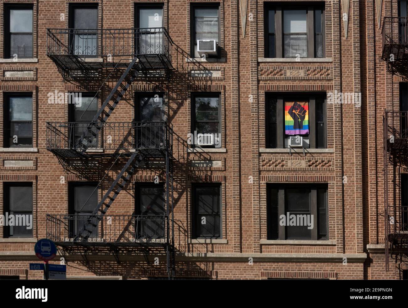 Black lives matter sign in apartment building in Brooklyn NYC Stock Photo