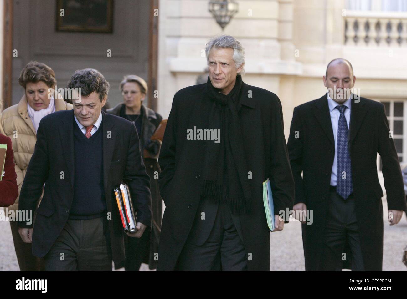 Minister for Employment Jean-Louis Borloo and Prime Minister Dominique de Villepin leave the Minister Council held at the Hotel Marigny in Paris, France on December 20, 2006. Photo by Mousse/ABACAPRESS.COM Stock Photo