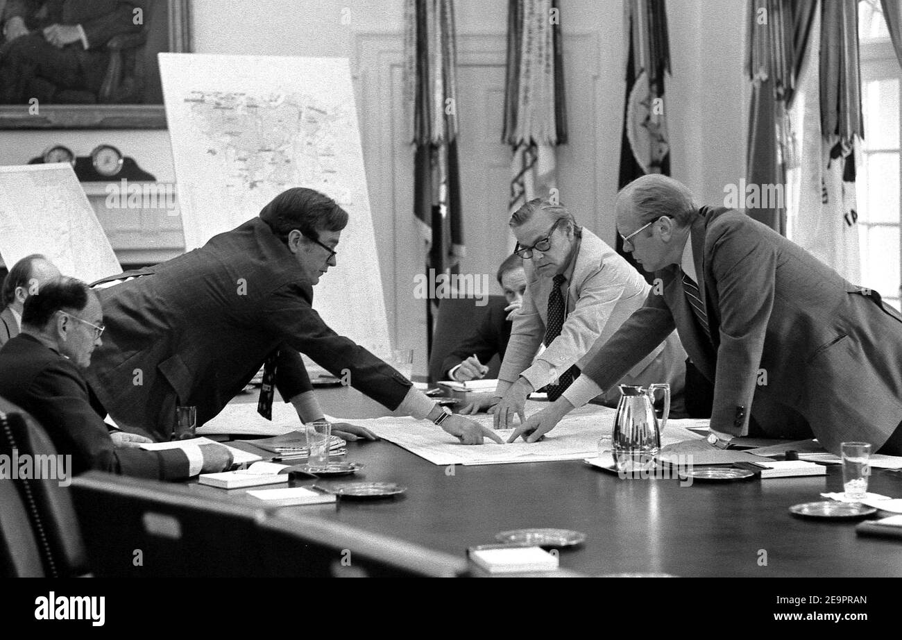 Gerald Ford, the 38th President of the United States, dies at 93, his wife Betty announced in a short statement on December 27, 2006. File Picture from the President's Library. Original Caption : CIA Director George Bush discusses the evacuation of Americans from Beirut with President Ford during a meeting of the National Security Council in the Cabinet Room. June 17, 1976. Photo Gerald R Ford Library via ABACAPRESS.COM Stock Photo