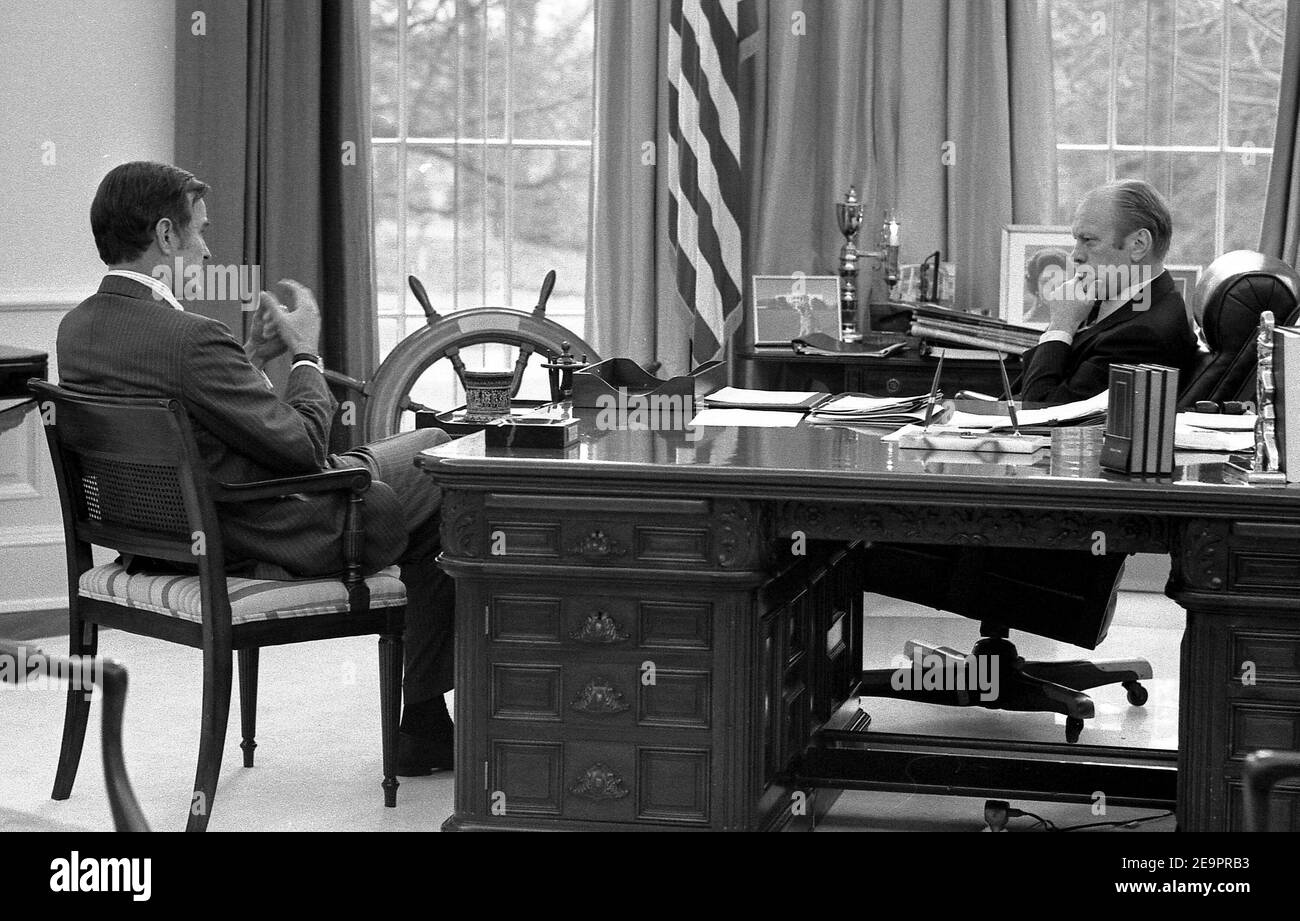 Gerald Ford, the 38th President of the United States, dies at 93, his wife Betty announced in a short statement on December 27, 2006. File Picture from the President's Library. Original Caption : President Ford meets with CIA Director-designate George Bush in the Oval Office. December 17, 1975. Photo Gerald R Ford Library via ABACAPRESS.COM Stock Photo