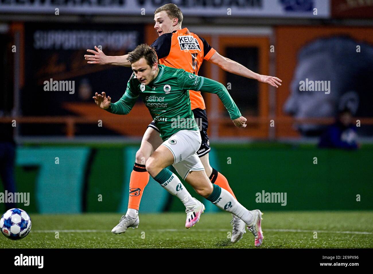 VOLENDAM, NETHERLANDS - FEBRUARY 5: Reuven Niemeijer of SBV Excelsior, Alex Plat of FC Volendam during the Dutch Keukenkampioendivisie match between F Stock Photo