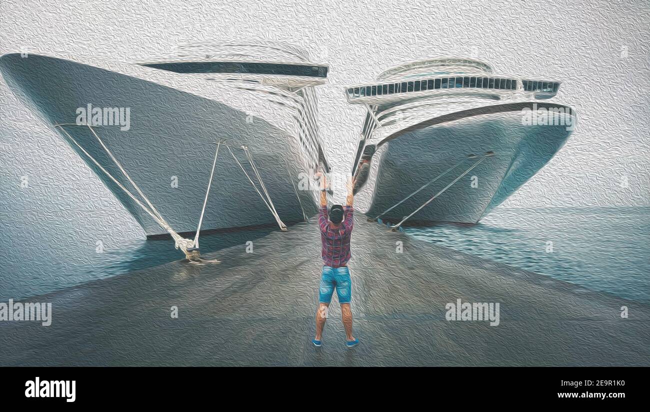 Illustration of a boy waving his hands to large ships, greeting the ship with his hand, a man looking at the big ships in the port. Picturesque sea Stock Photo