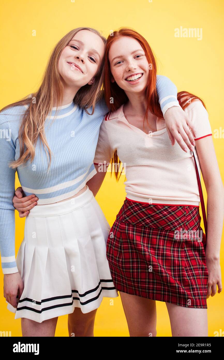ifestyle people concept: two pretty young school teenage girls having ...