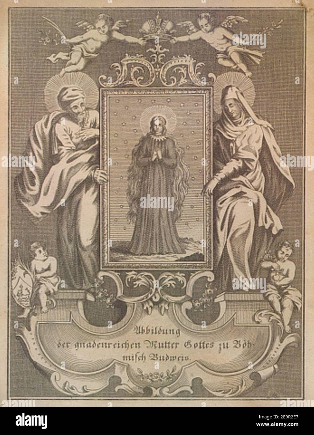 Mědiryt s vyobrazením Panny Marie Budějovické z druhé poloviny 18. století. Stock Photo
