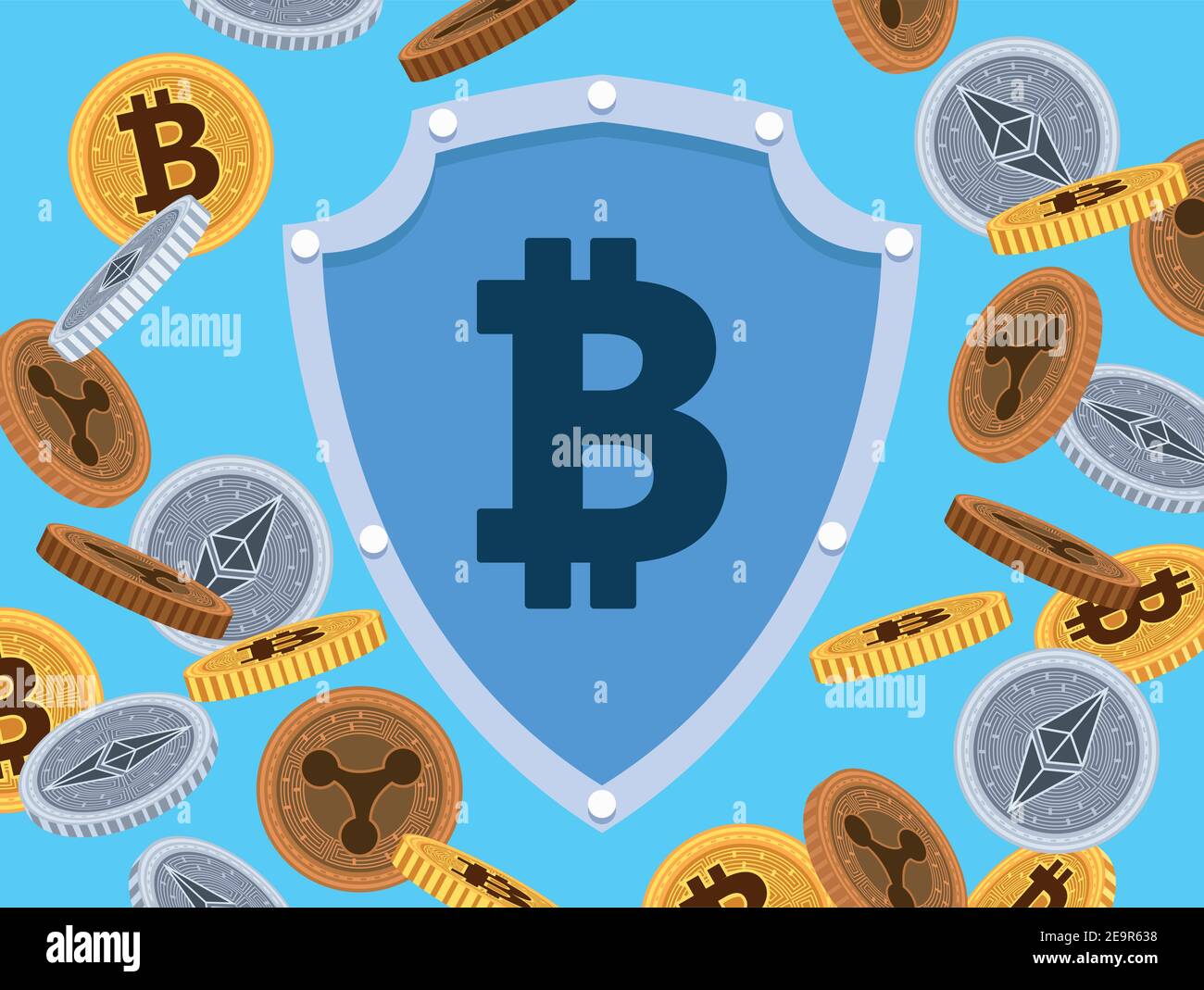 bitcoin symbol in shield with crypto coins pattern vector illustration design Stock Vector