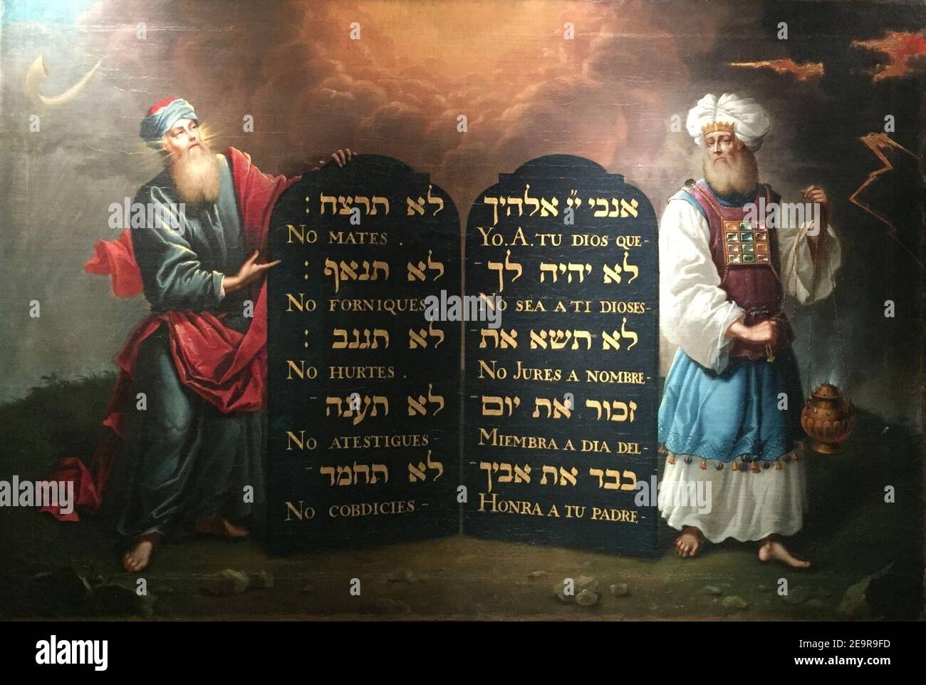 Moses and Aaron with the 10 Commandments 1674. Stock Photo