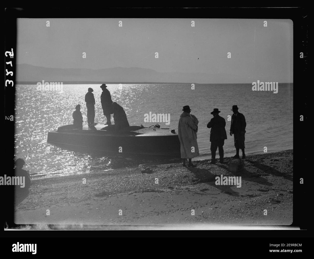 Motor boat trip around the Dead Sea. The 'Minnehaha' on the Dead Sea. Speed boat at early morn ready to start Stock Photo