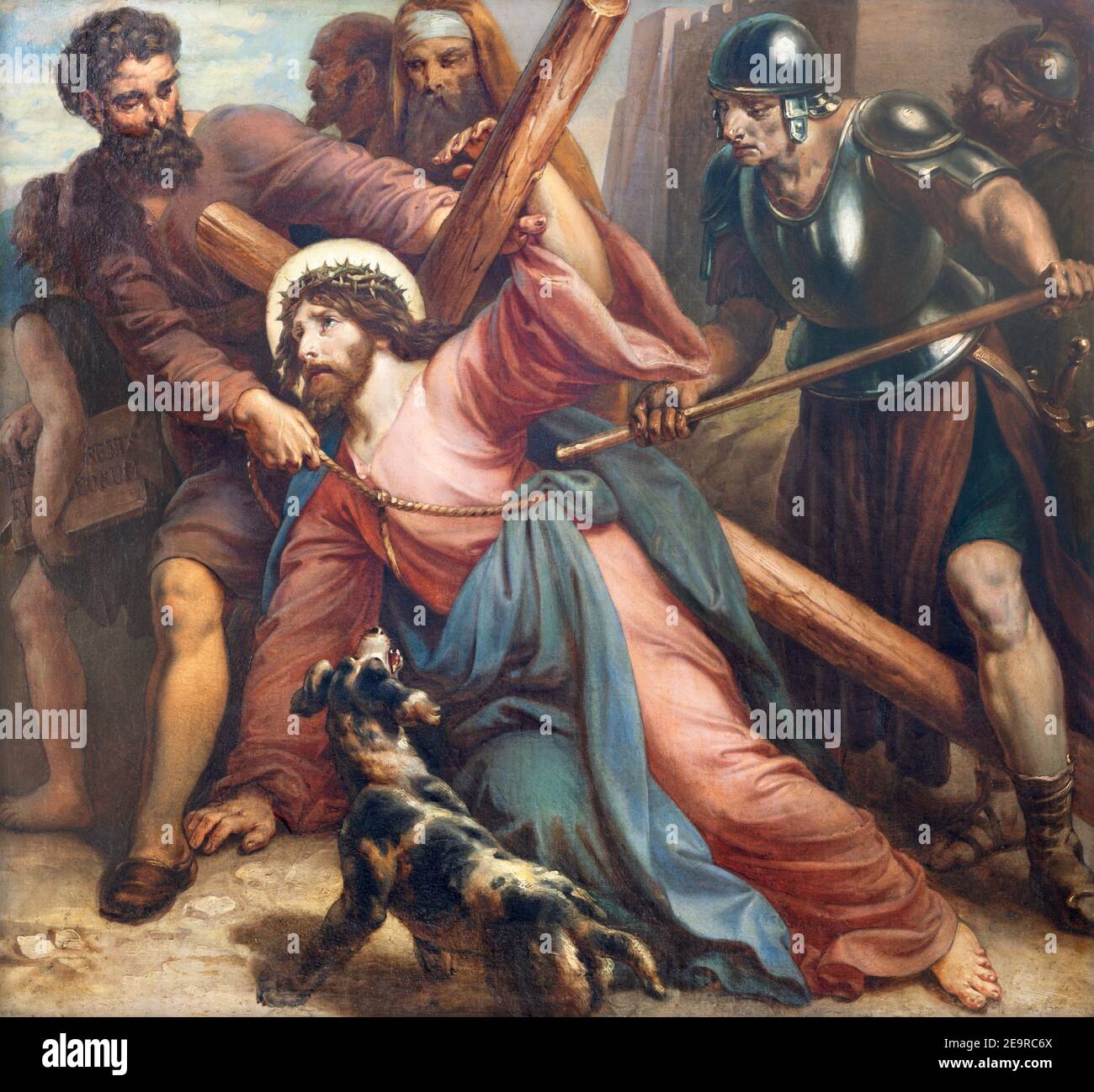 VIENNA, AUSTIRA - OCTOBER 22, 2020: The painting fall of Jesus under the cross in church St. Johann der Evangelist by Karl Geiger (1876). Stock Photo
