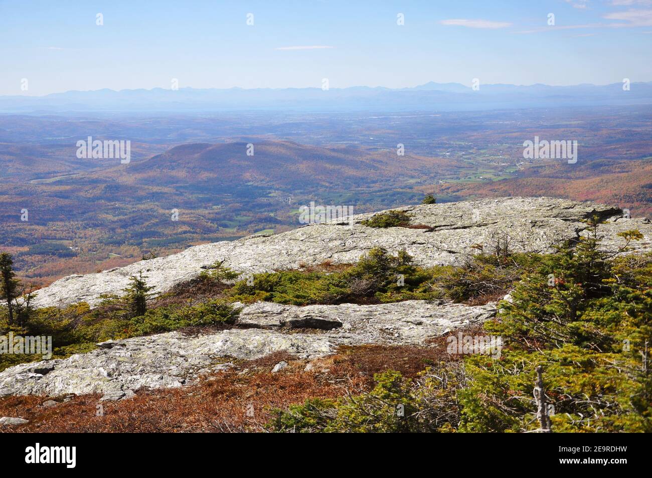 Aerial of Vermont Fall Foliage, Mount Mansfield, Vermont VT, USA. Stock Photo