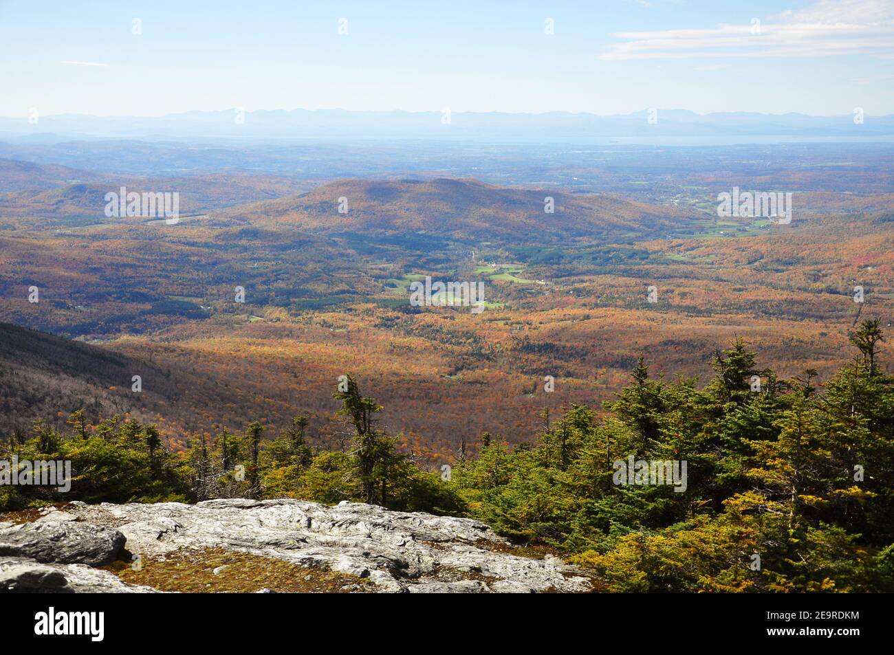 Aerial of Vermont Fall Foliage, Mount Mansfield, Vermont VT, USA. Stock Photo