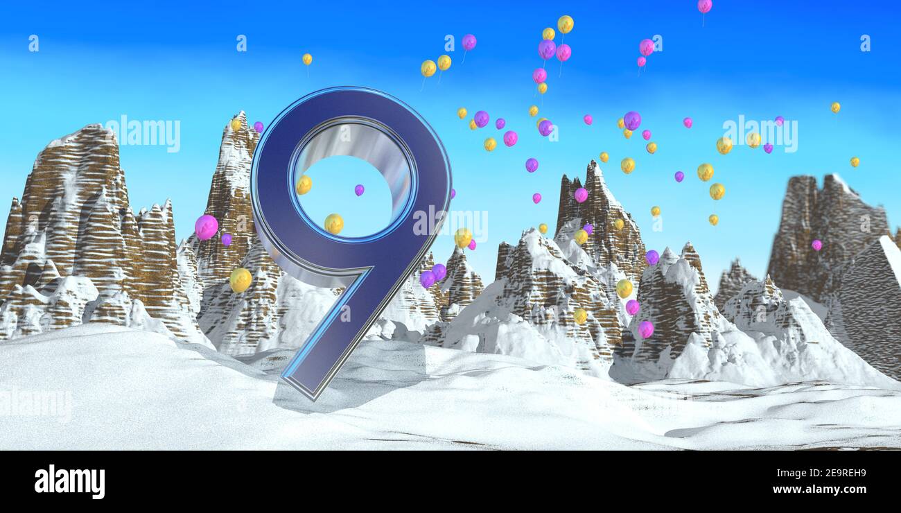 Number 9 in thick blue font on a snowy mountain with rock mountains ...