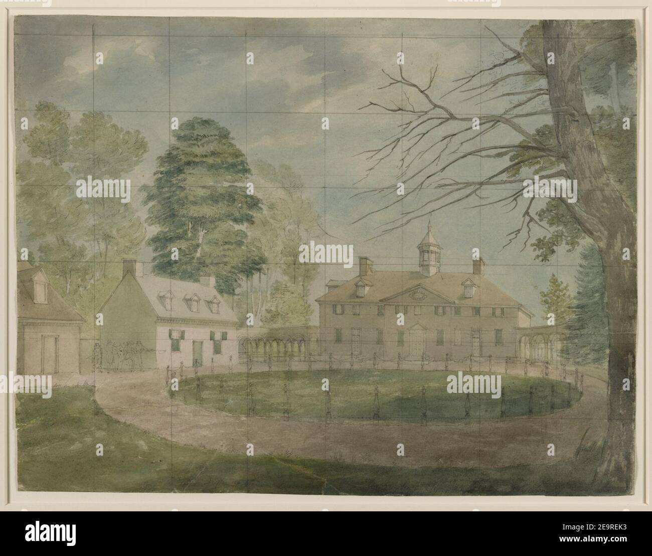 Mount Vernon with outbuildings shown from the far side of the driveway