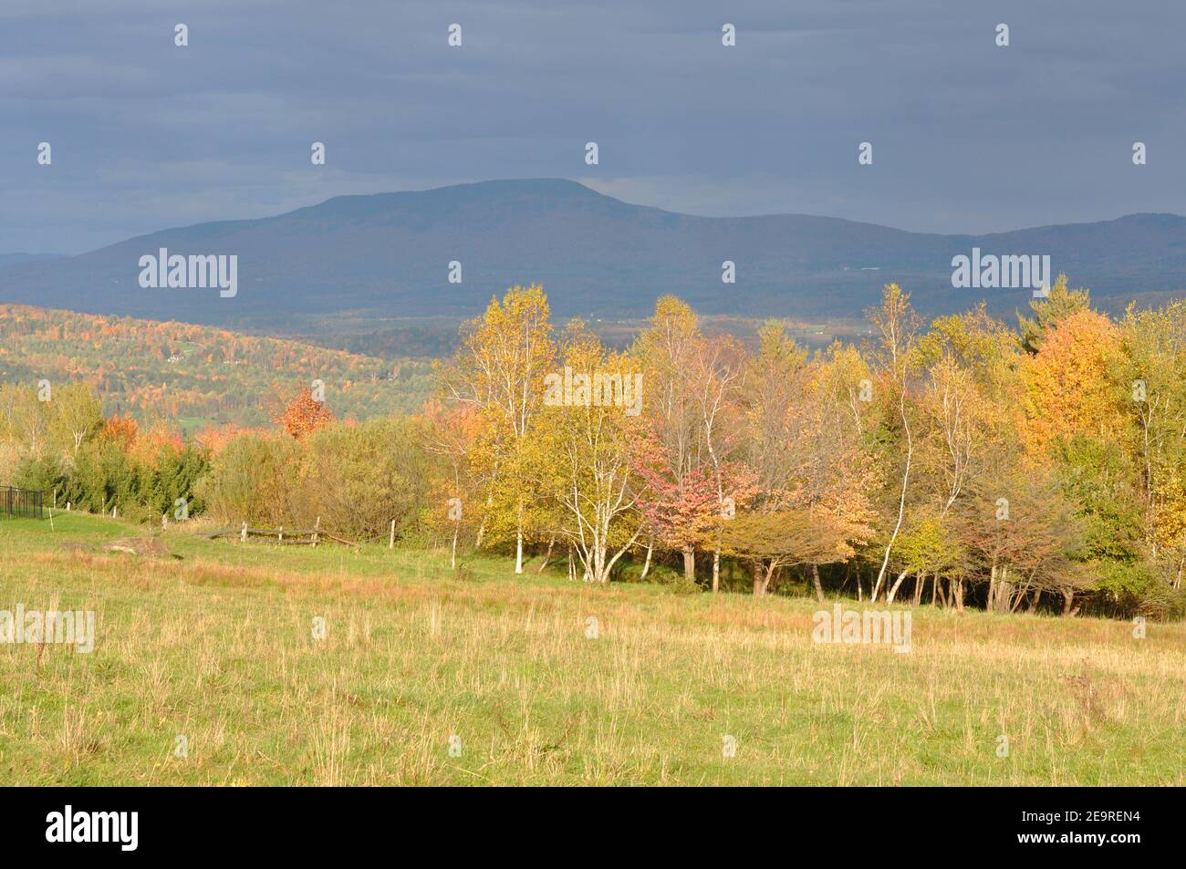 Vermont Fall Foliage, Mount Mansfield in the background, Vermont VT, USA. Stock Photo