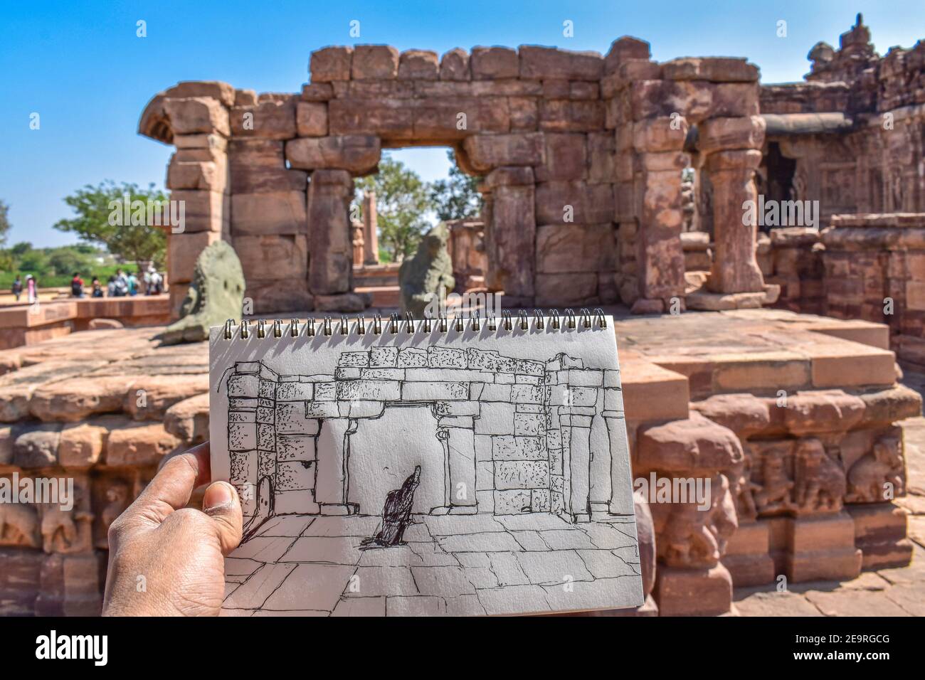 architectural sketch of brown stone mallikarjuna temple entrance with black nandi statue under blue sky Stock Photo