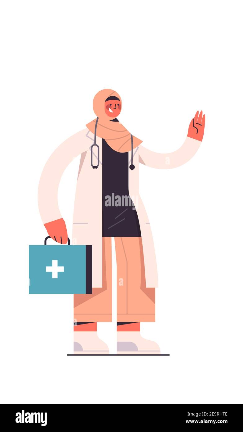 arab female doctor in uniform holding first aid kit healthcare medicine ...
